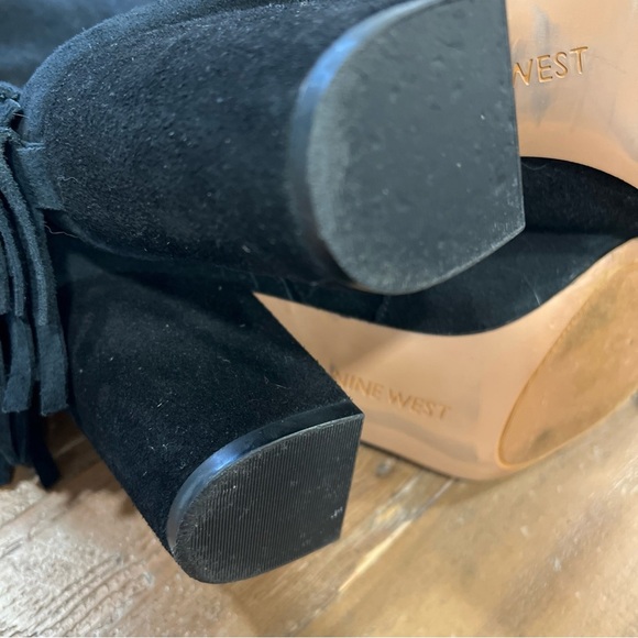 Nine West Black Suede Leather Fringe Mid Calf  Western Heel Pull On Boots Sz 7.5 - Picture 9 of 12